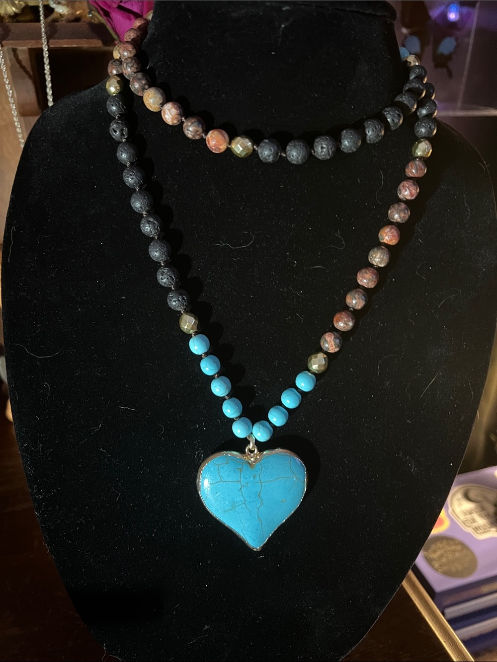 Turquoise Heart Pendant Beaded Necklace - Blue